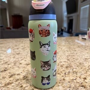 Owala Water Bottle Light Green Cat Faces Push Button Lid Plastic